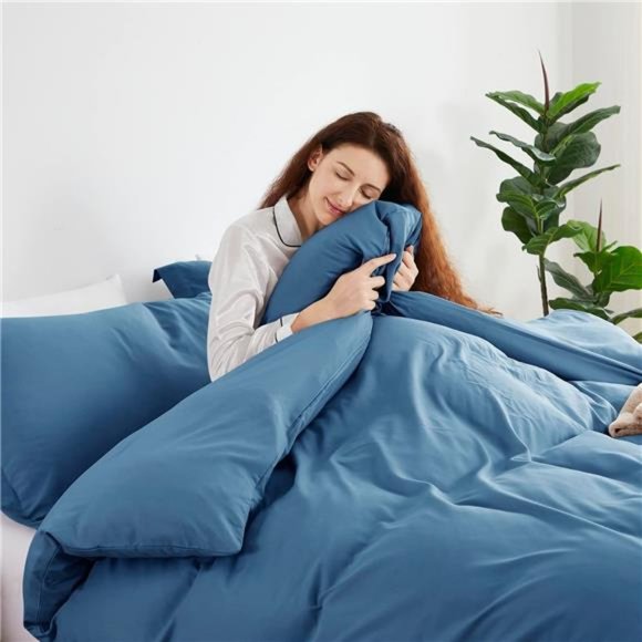 Blue Duvet Cover Queen Size - Cover Set, 3 Piece Double Brushed w Button Closure - Picture 6 of 6